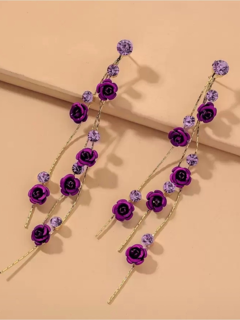 Purple Rose Cascade Earrings - Gold Tone - Picture 3 of 3